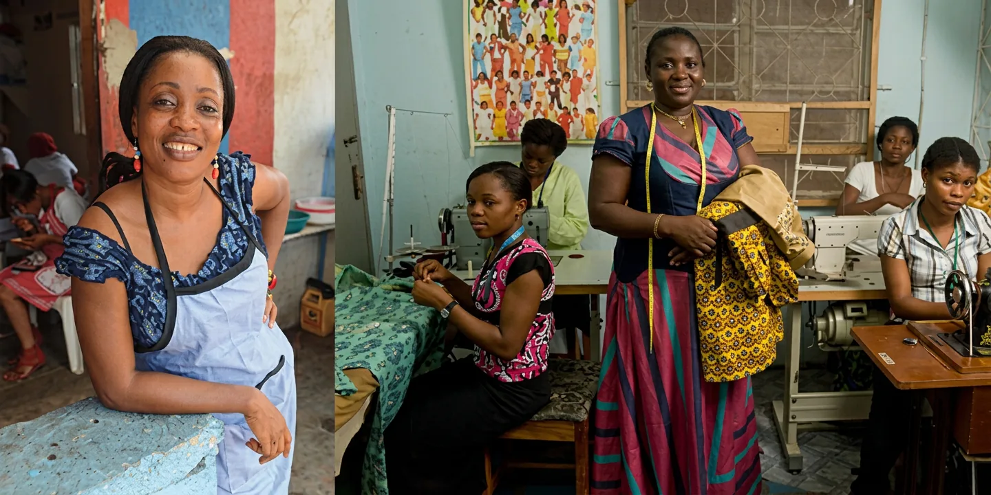 Women entrepreneurs in a tailoring workshop, smiling and working at sewing machines