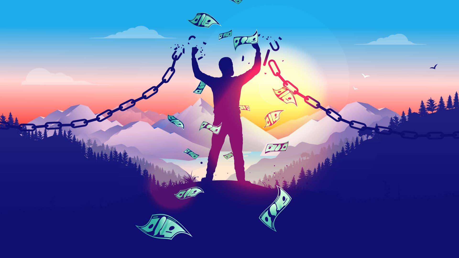 Person breaking free from chains with money flying around at sunset, symbolising financial freedom
