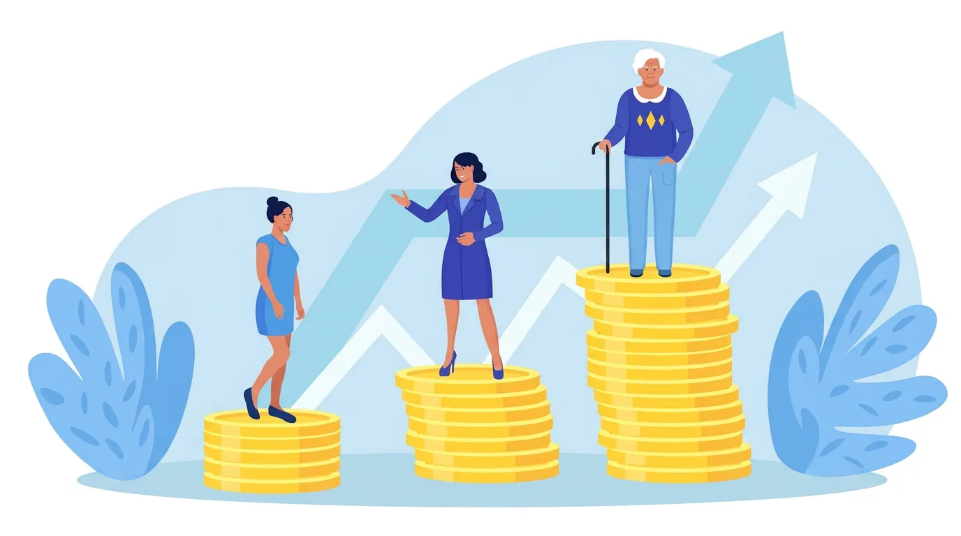 Illustration of three generations standing on growing stacks of gold coins with an upward arrow behind them