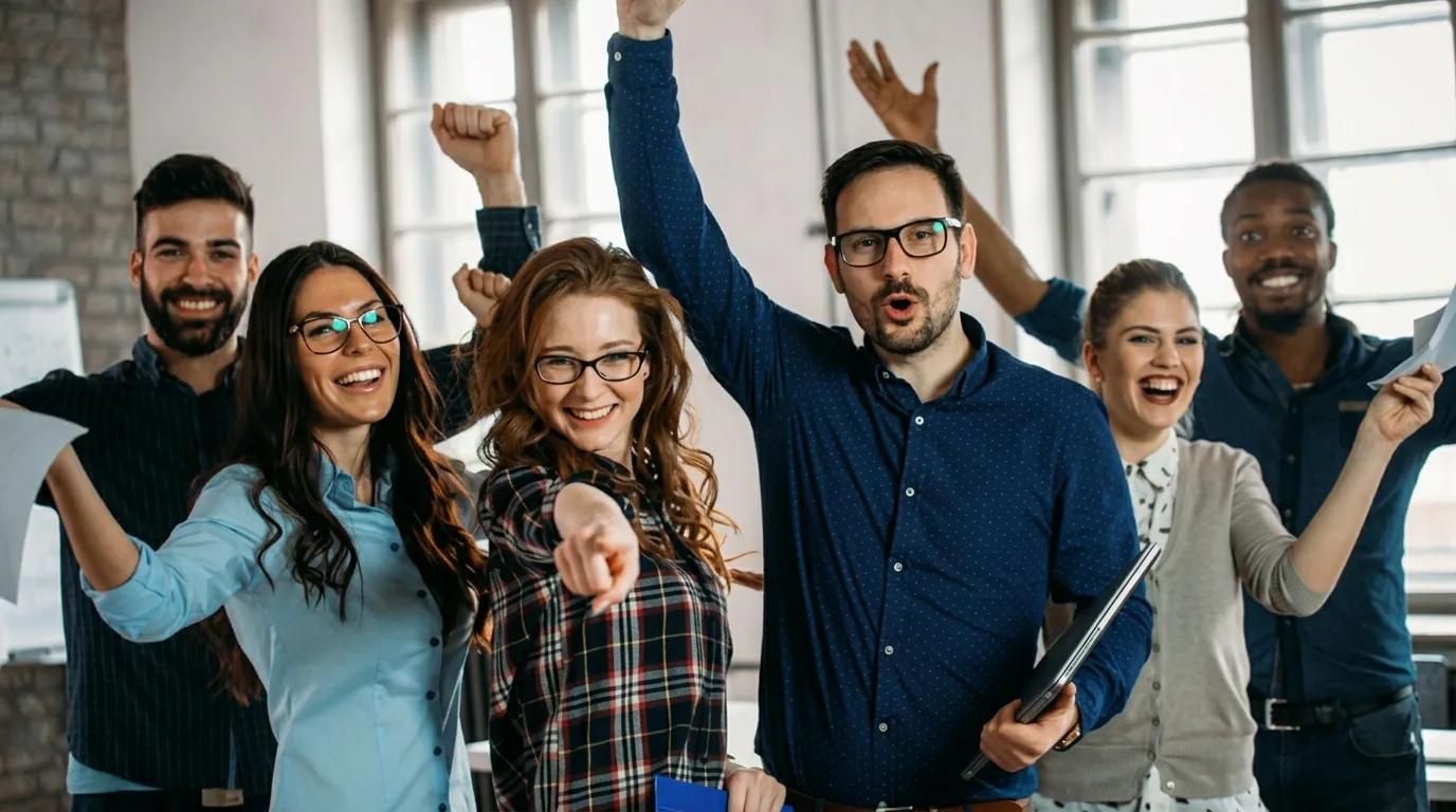 A team of small business employees celebrating together