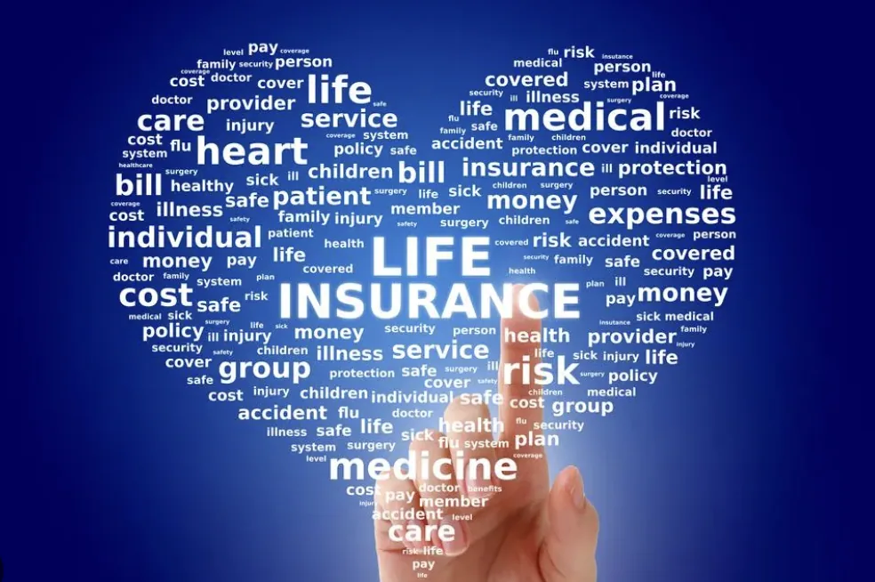 A word cloud in the shape of a heart with the words Life Insurance at its centre, a finger pointing at it