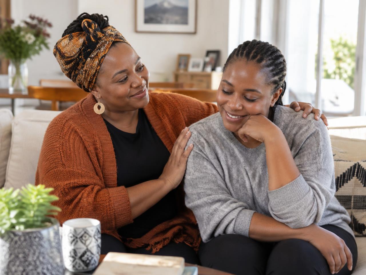 A smiling woman warmly supporting her friend